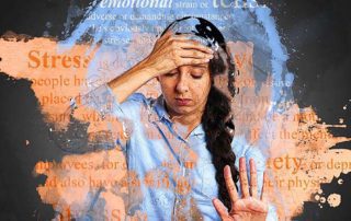 girl holding her head with her hand surrounded by words